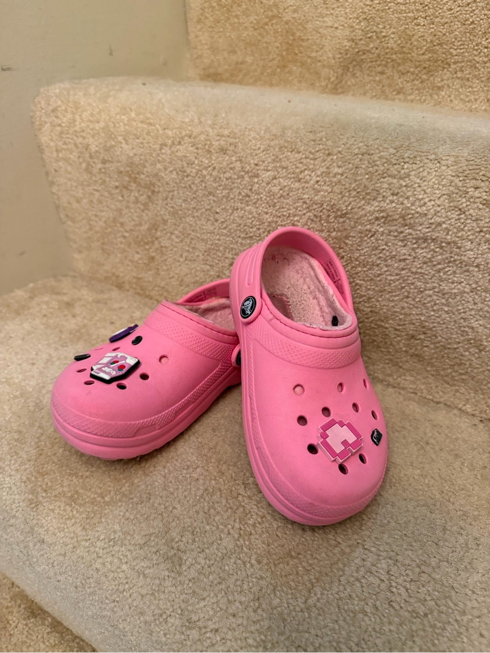 CROCS Kids Pink Fuzzy-Lined Clogs with Decorative Charms